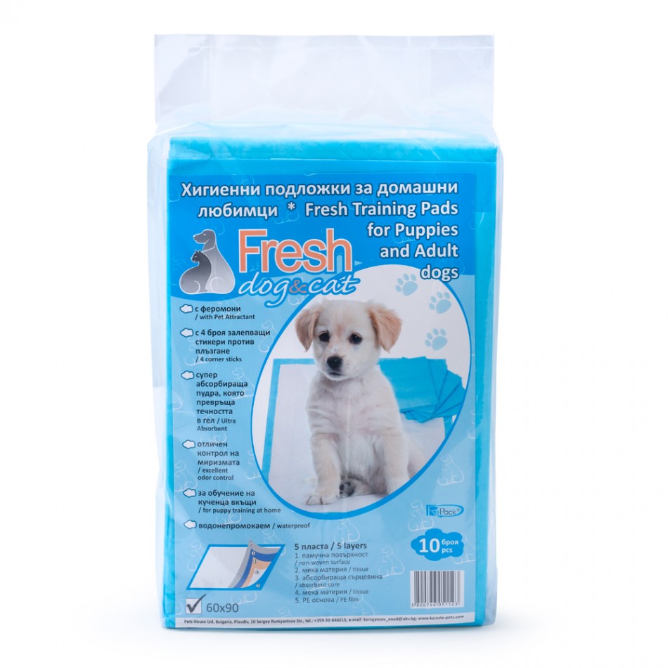 TRENING PADS FOR DOG  FRECH  Хигиени  подложки Fresh с ФЕРОМОНИ И СТИКЕРИ за залепване на пода различни размери