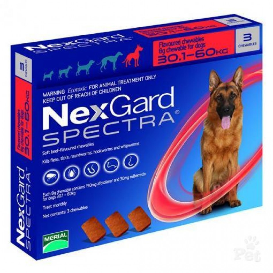 NexGard Spectra  -  дъвчащи таблетки против кърлежи, бълхи и вътрешни паразити за кучета. 